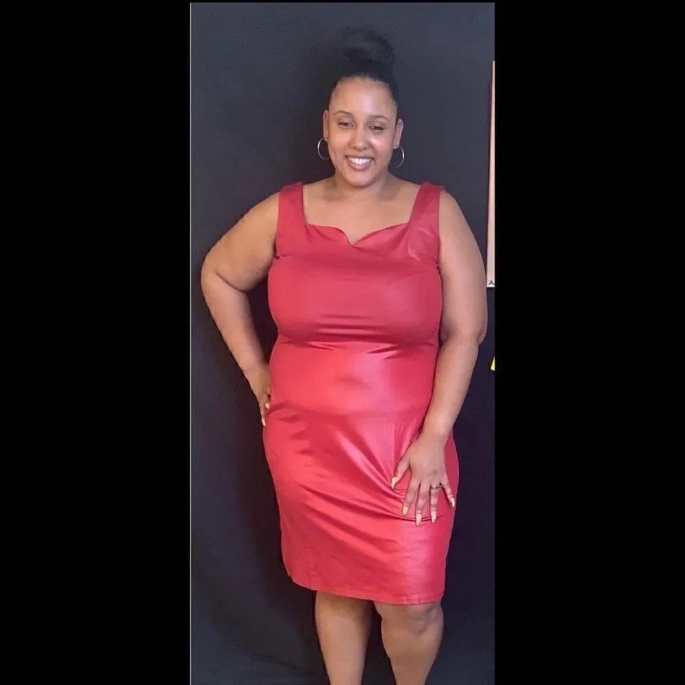 Plus Size Red Faux Leather MIDI Dress - Stylish & Chic